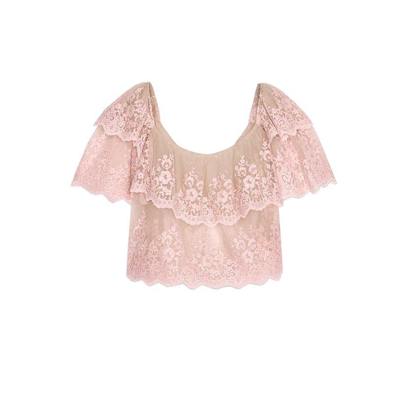 

Spring and Summer New Women s Clothing Seaside Vacation Style Laminated Decoration Embroider Short Sleeve round Neck Short Top 1067154 Pink L