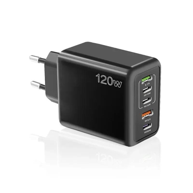 120W 5 Ports USB Charger Type C Fast Charging Mobile Phone Wall Adapter for IPhone 16 15 14 Samsung Xiaomi Huawei EU/US/UK Plug