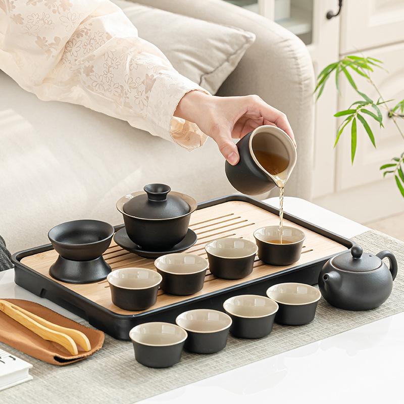 Simple high-end coarse pottery tea set, full set of home office teapots, portable high-end leather bags