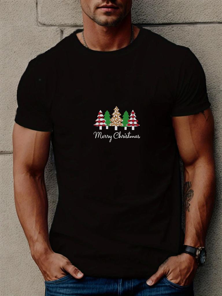 Mens TShirt Black Christmas Trees and Merry Christmas Print High Quality Cotton