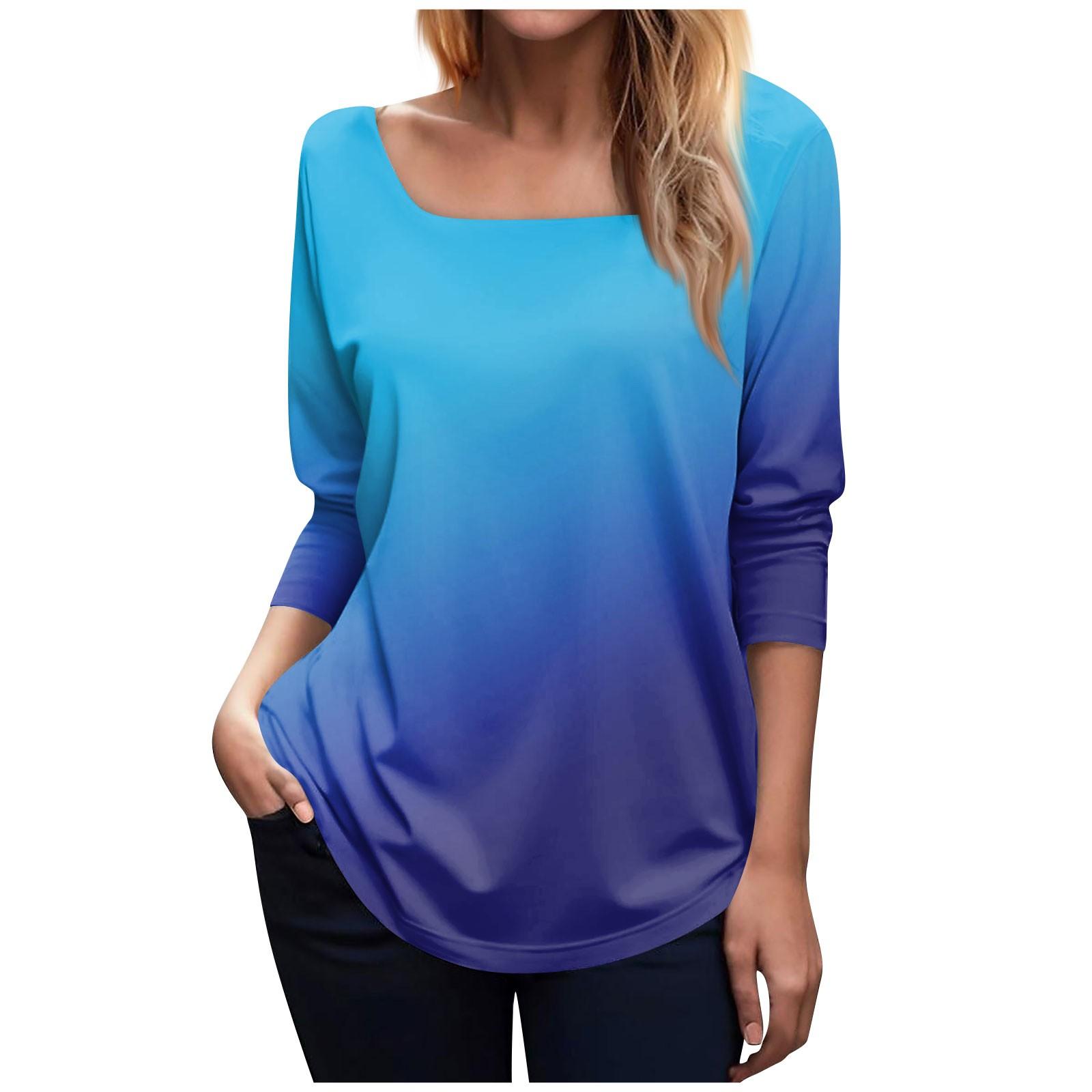 Женская модная футболка с квадратным вырезом и длинным рукавом с градиентным принтом — фото 9