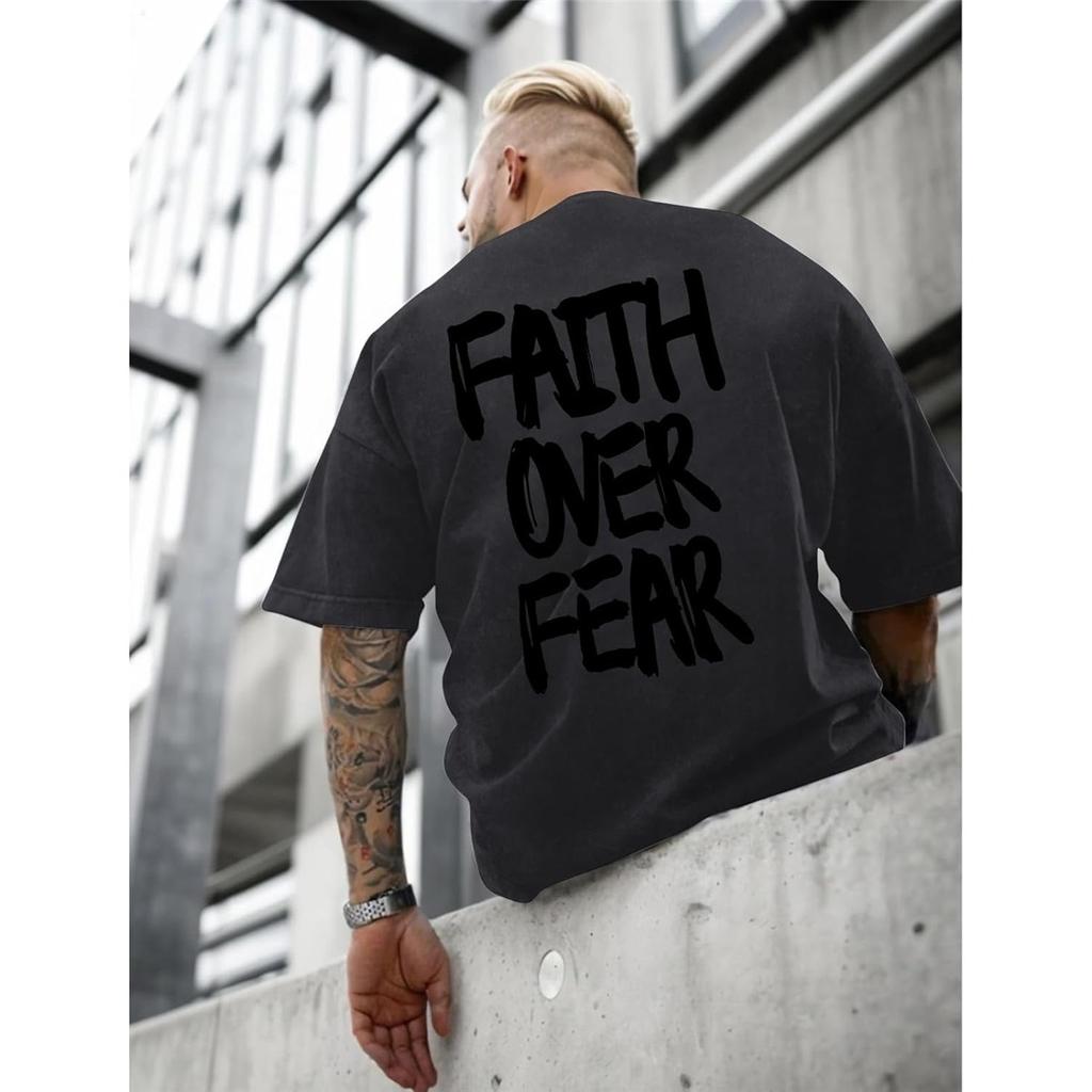 Men's Washed Faith Over Fear Print 100% Cotton Oversized Short Sleeve T-shirt