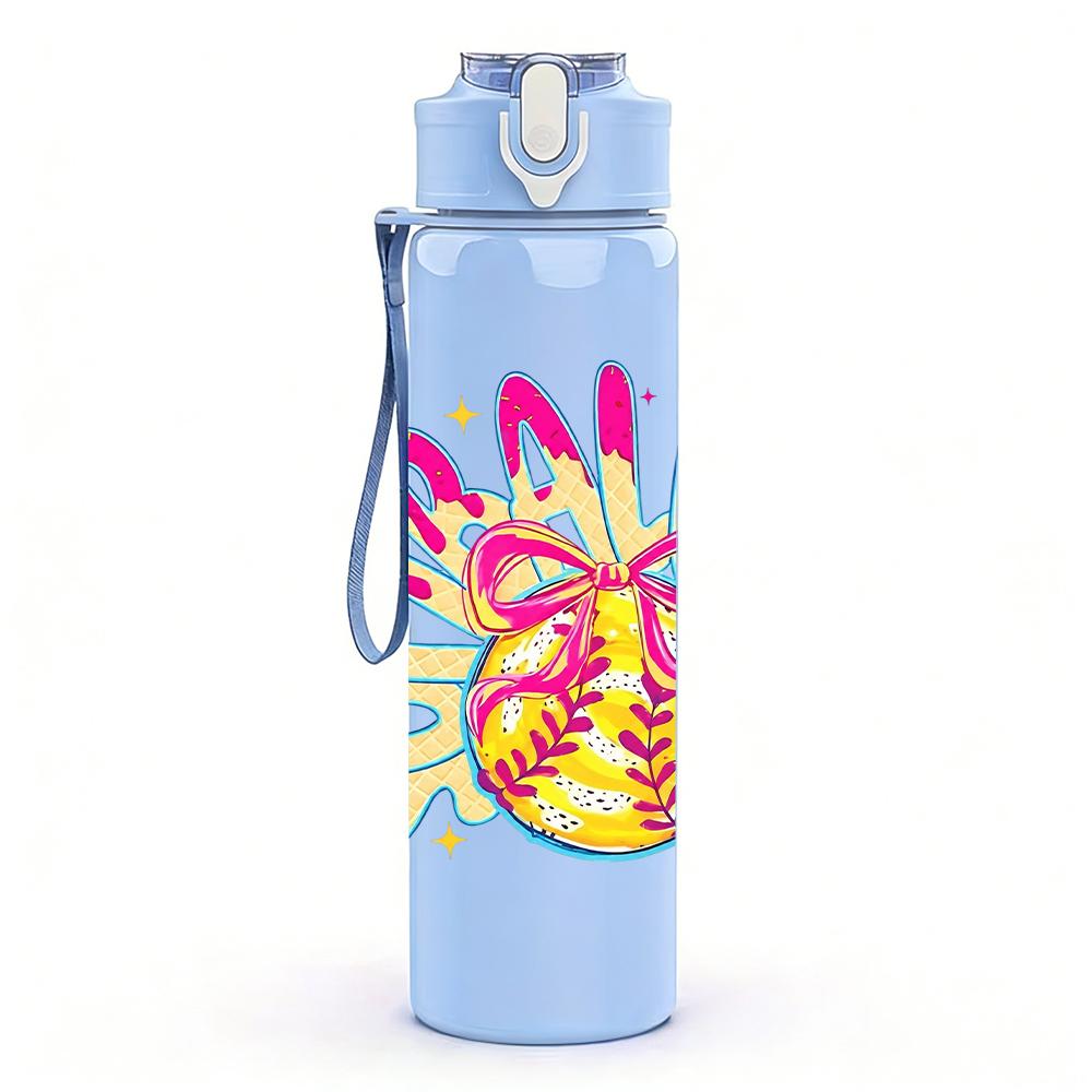 1PC Colorful Softball Bow Graffiti Art 750ml Color Plastic Water Bottle Leakproof Flip Straw Lid For Sports Office Home Use