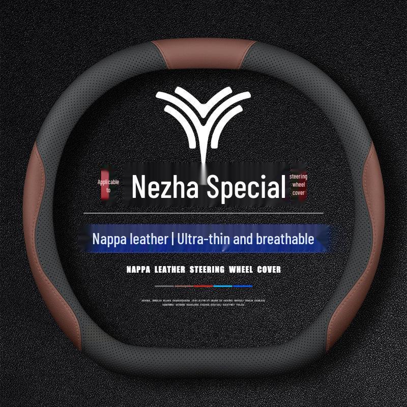 Nezha LXSGTU Genuine Leather Anti-Slip Steering Wheel Cover, Ultra-Thin, Four Seasons, Modified for Comfort.