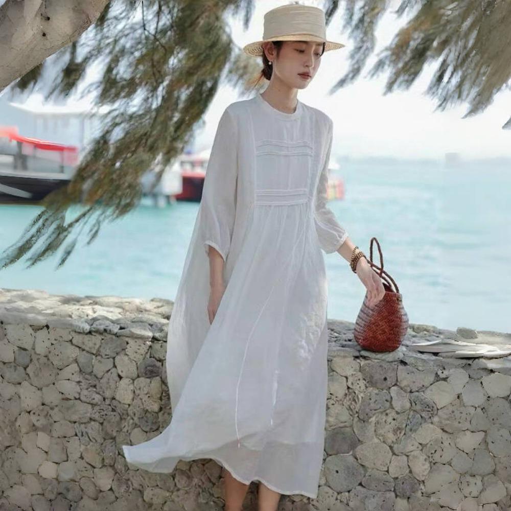 LYRIA Ramie White Dress Elegant Femme Spring Summer Double Layered Mid Length Dress for Women Y2K