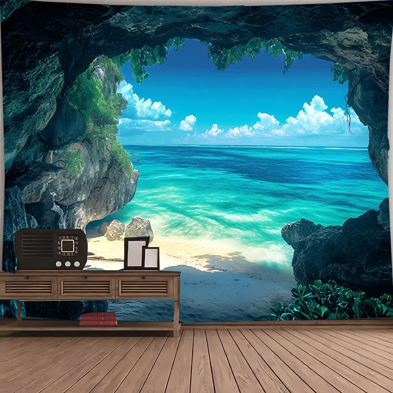 Sea Cave Tapestry Wall Hanging Blue Ocean Sea Scenic Tapestries Seagull Nature Landscape Beach Island Large Wall Tapestry for