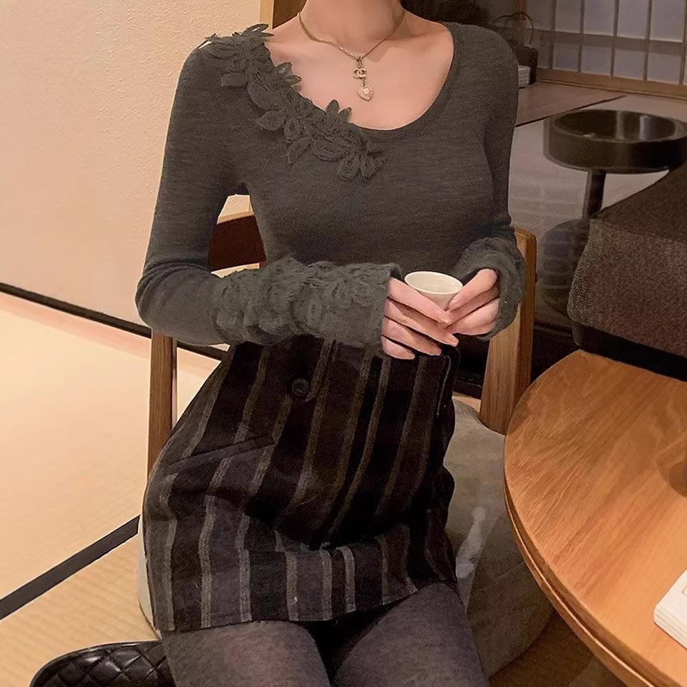De Rong Women s U-Neck Drop Shoulder Knit Sweater: Crocheted Long Sleeve for Autumn/Winter Small серый