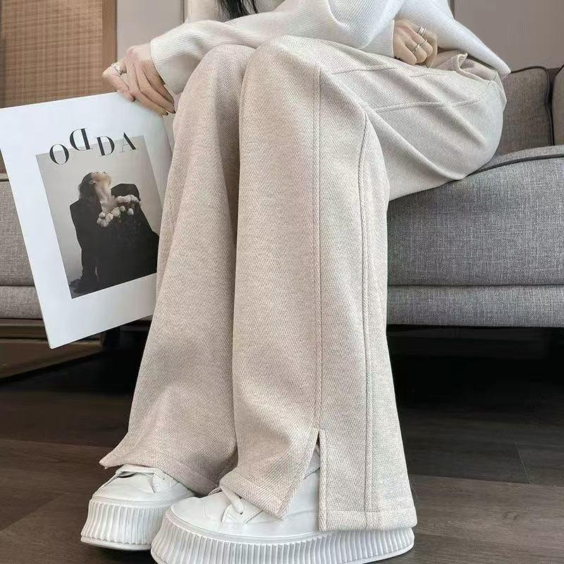 Plus Size Women's Fleece-Lined Wool Blend Split Wide-Leg Pants
