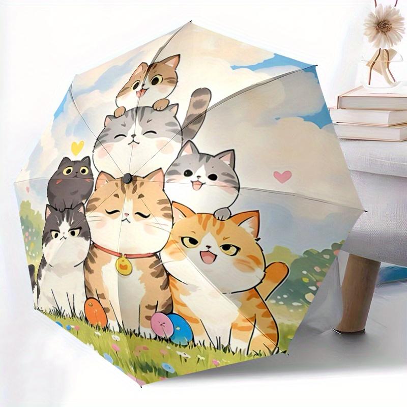 1pc Seven Happy Cats Automatic Opening and Closing Umbrella, Lightweight 3-Fold, With Cute Cartoon Characters, Suitable for Home, Outdoor and Dai