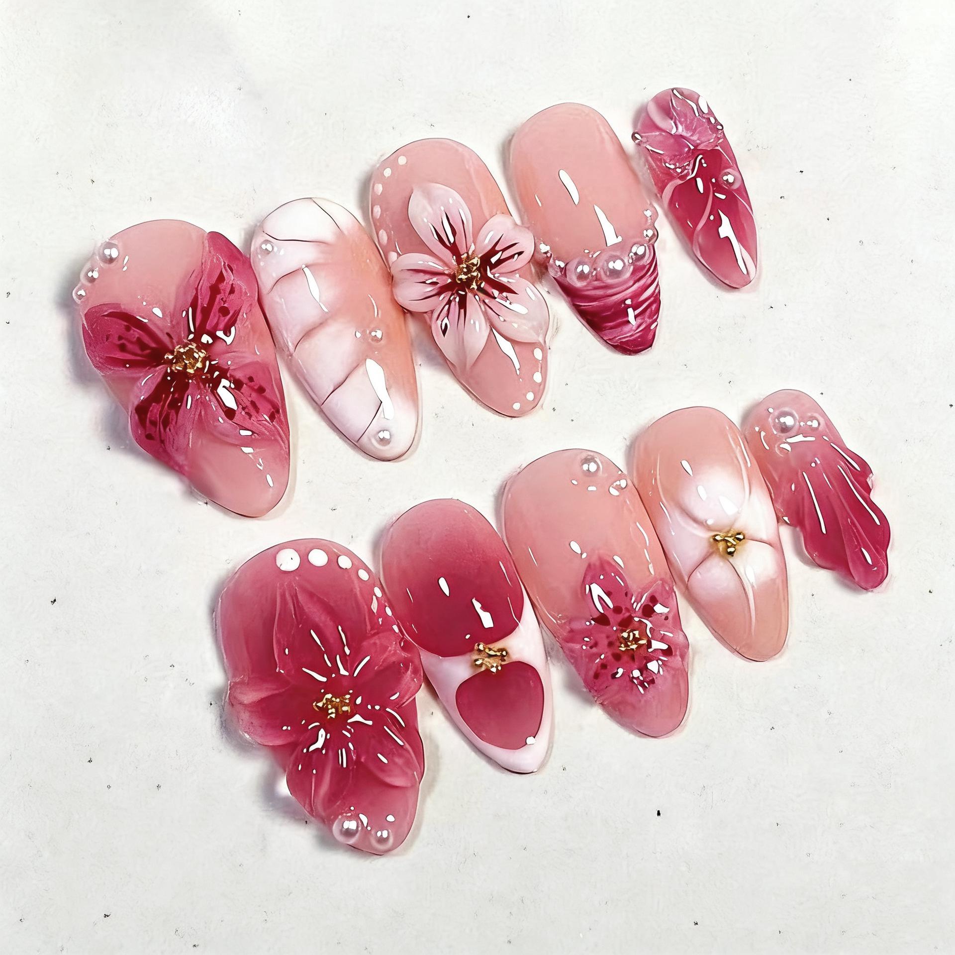 30-Piece Set: Exquisite Handmade Rhinestone Almond Nail Tips with 3D Flowers, Butterflies, and Pearls