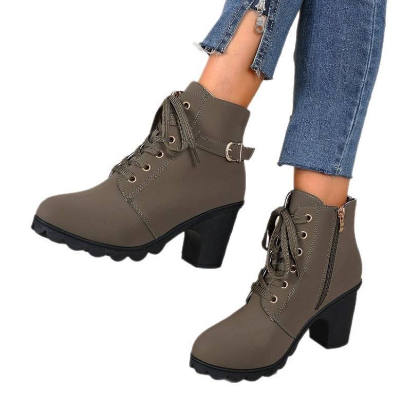 Coarse Heel Short Boots Round Head Lace-up and Bare Boots New High Heel Side Zipper Martin Boots Women's Single Boots Belt
