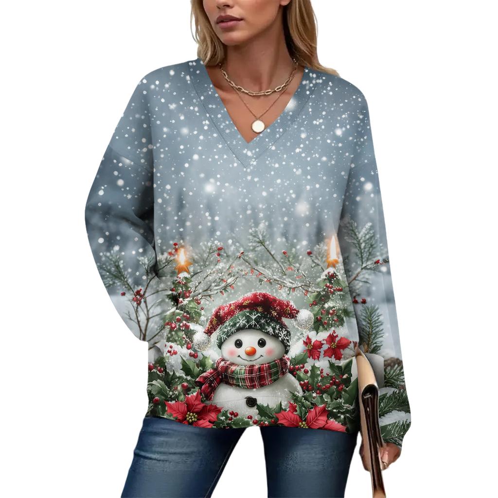 Women's Casual And Fashionable Christmas Print Long-Sleeved Top