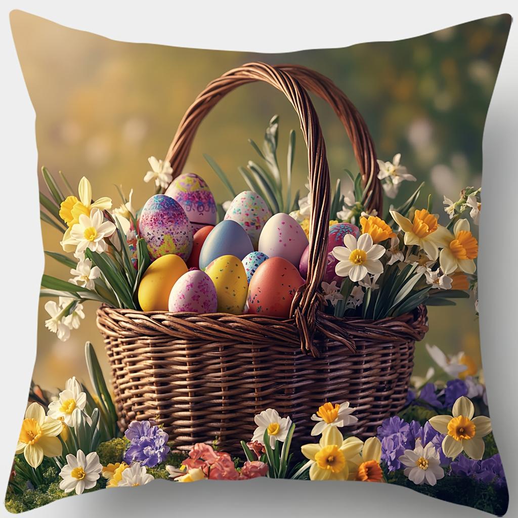 1Pc Easter Basket Pillowcase Colorful Egg Flower Pattern Decorative Cushion Cover For Sofa Living Room Spring Holiday Decor