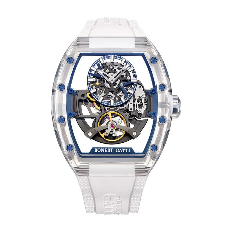 Bonest Gatti Uhren Herren-Armbanduhr, doppelt ausgehöhlt, automatische mechanische Uhr, Acryl-Tourbillon-Uhr