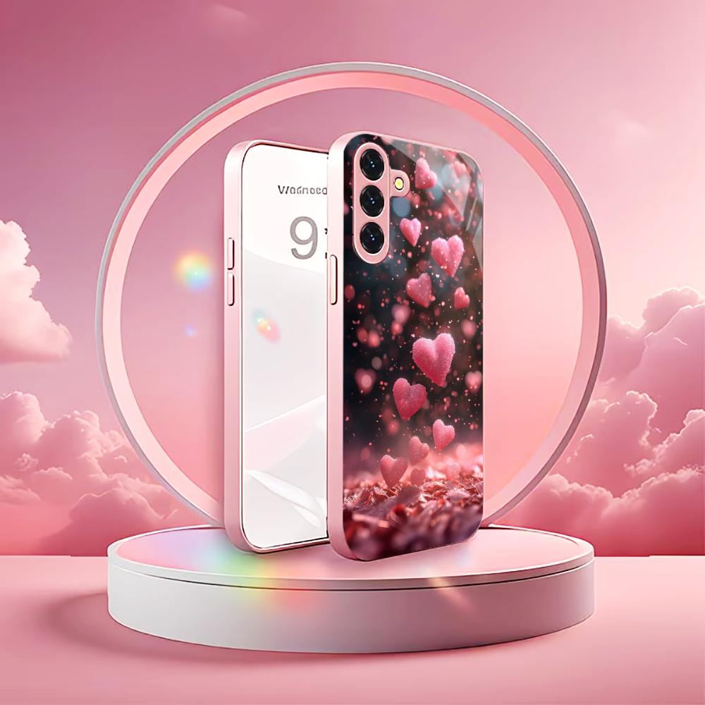 Pink heart-shaped metallic paint glass phone case suitable for Samsung Galaxy S26 S25 S24 S22 S21 S20 FE/Ultra/Plus anti drop