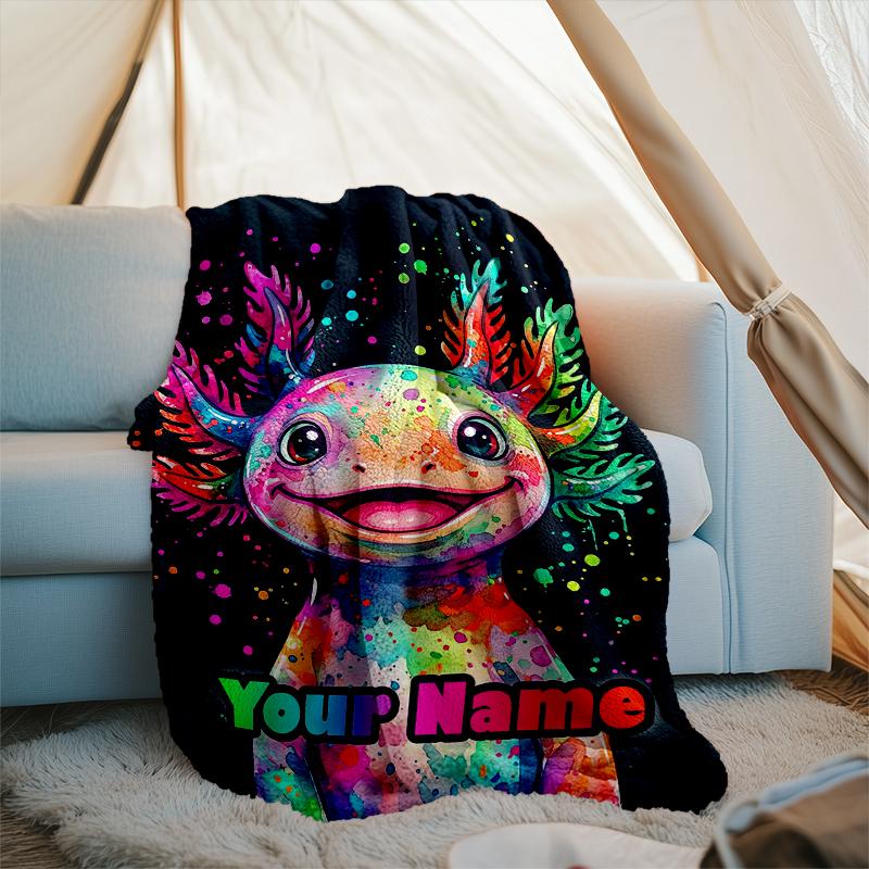1PC Custom Name Colorful Axolotl Artwork flannel blanket versatile,all-season throw suitable for the living room,bedroom,camping,travel,and gift