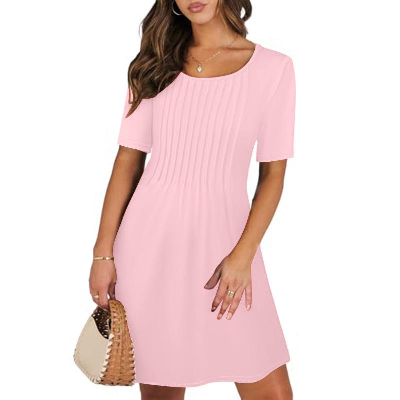 Popular eBay Loose European and American New Pleated Crew Neck Dress with Solid Color Women's Clothing