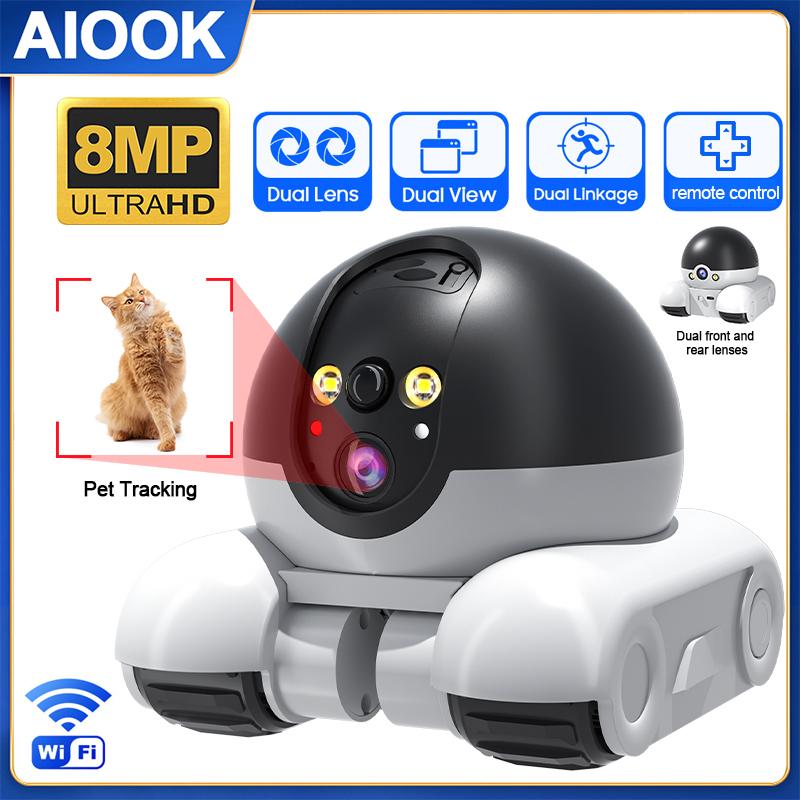 

AIOOK Інтелектуальна камера дистанційного керування HD 8MP WIFI Камера Подвійний об єктив Лазерна дражнити Cat Pet Камера нічного бачення Двосторонній домофон IP CCTV WIFI Camera