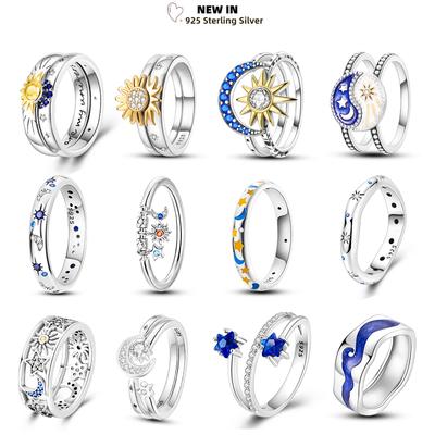 Rings for Women 925 Sterling Silver Star Moon Sun Blue Zircon Size 6-9# Overlap Original Ring Fine Wedding Engagement Jewelry
