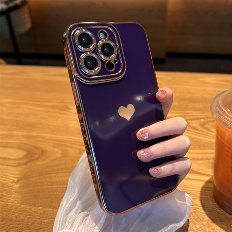 Custodia per telefono a forma di cuore d'amore placcata per Iphone 14 13 11 12 Pro Max Xs Max Xr 14 Plus Morbida Antiurto Placcatura Copertura Bumper Viola