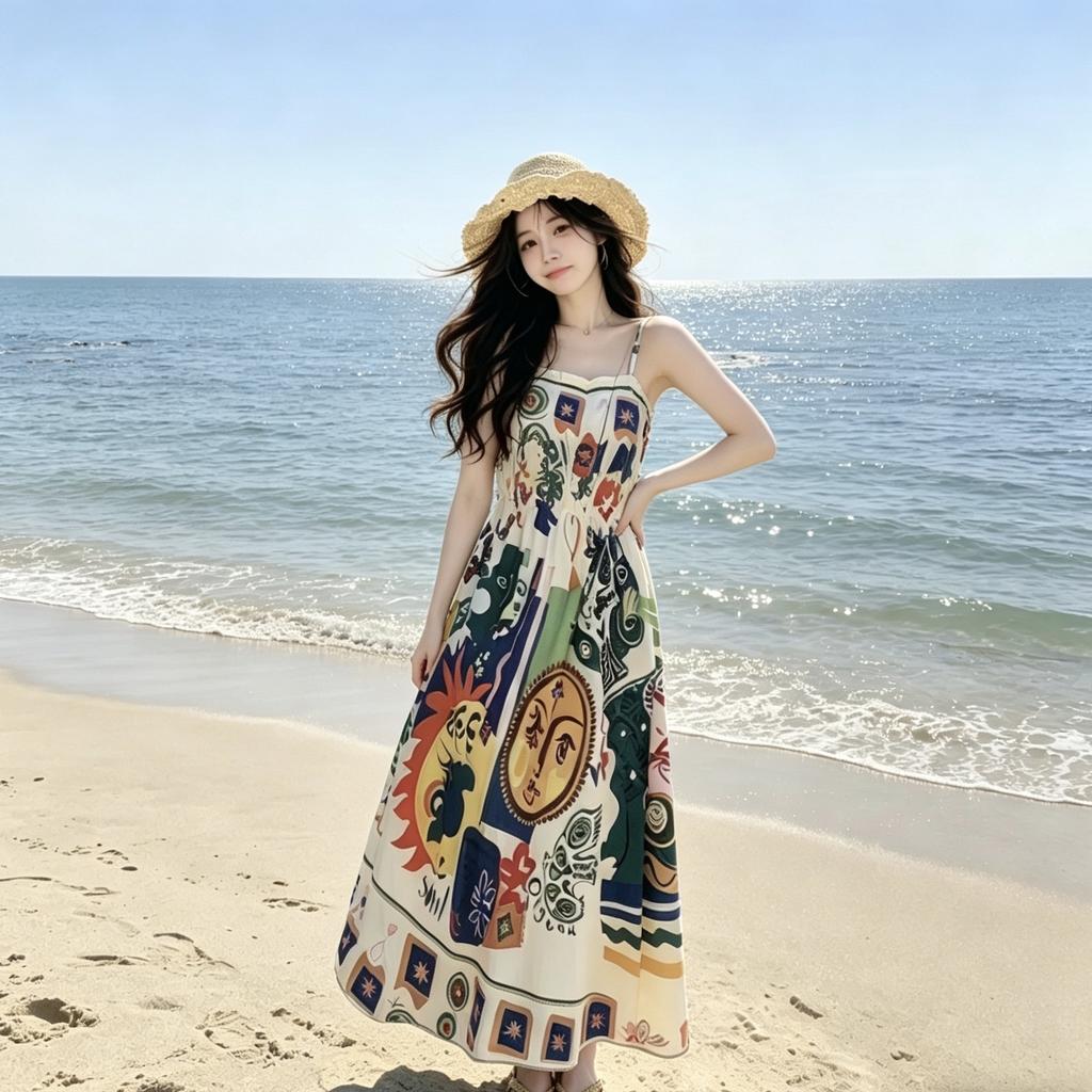 Retro ethnic style oil painting graffiti printing suspender dress women's summer new high-end niche seaside long skirt