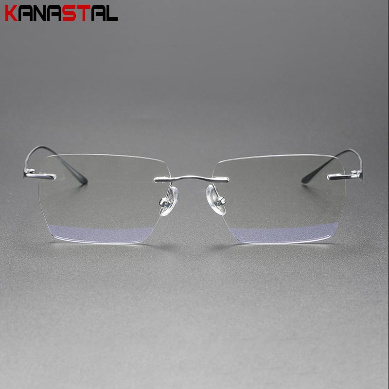 Men Ultralight Pure Titanium Frameless Eyeglasses Women Blue Light Blocking Business Glasses Prescription Myopia Reading Eyewear