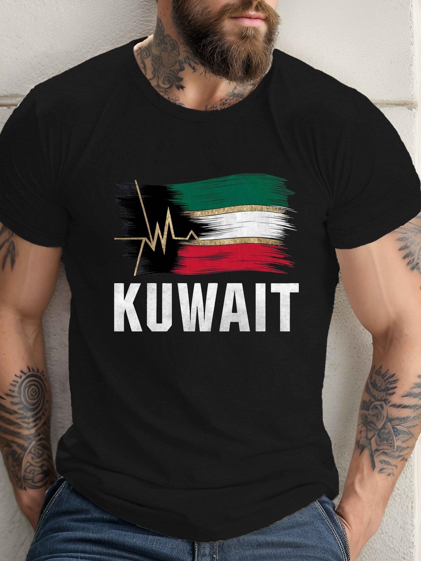 

Men S Casual Crew Neck Kuwait Flag Print T-Shirt 100% Polyester Knit Fabric Regular Fit, Summer Short Sleeve Tee 5XL різнокольоровий