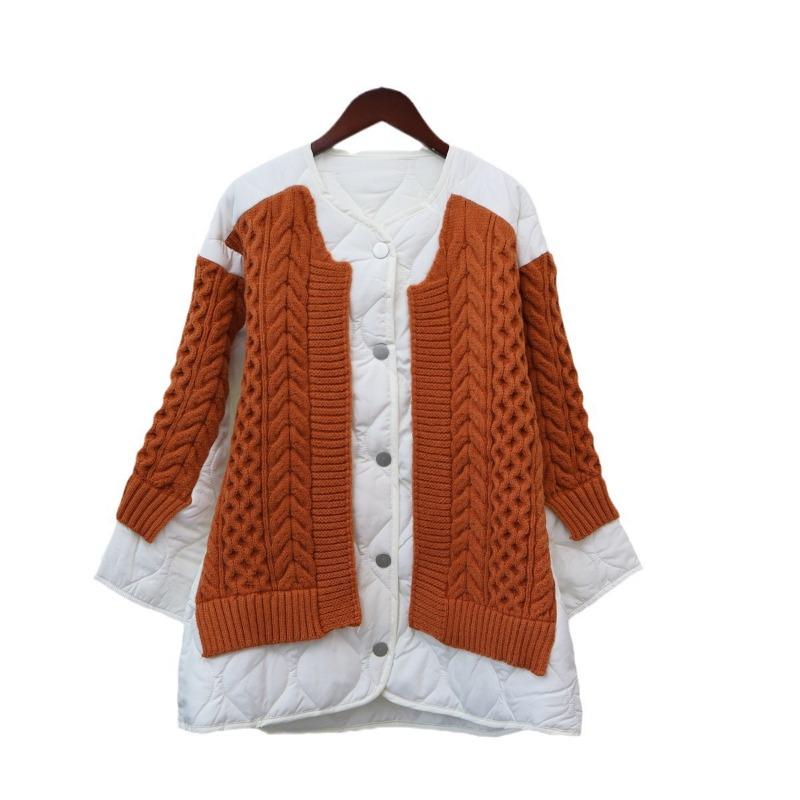 Autumn and winter loose splicing cotton clothes knitted cardigan women's rhombus contrasting color sweater jacket contrasting color design
