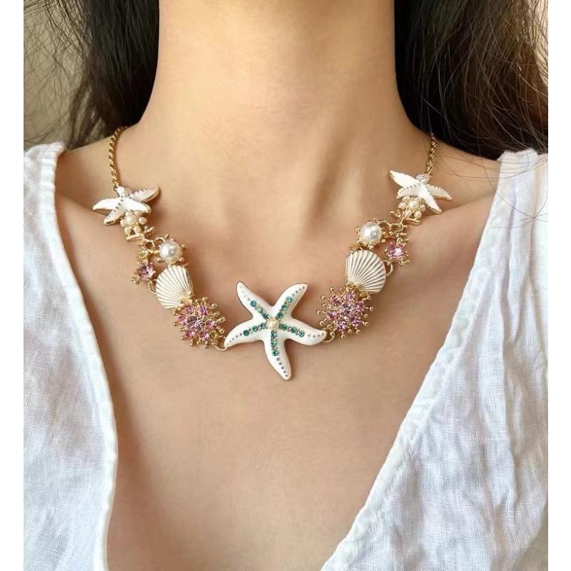 Exaggerated Color Sea Star Shell Necklace for Women - Beach Vacation Neck Chain, Collar Chain