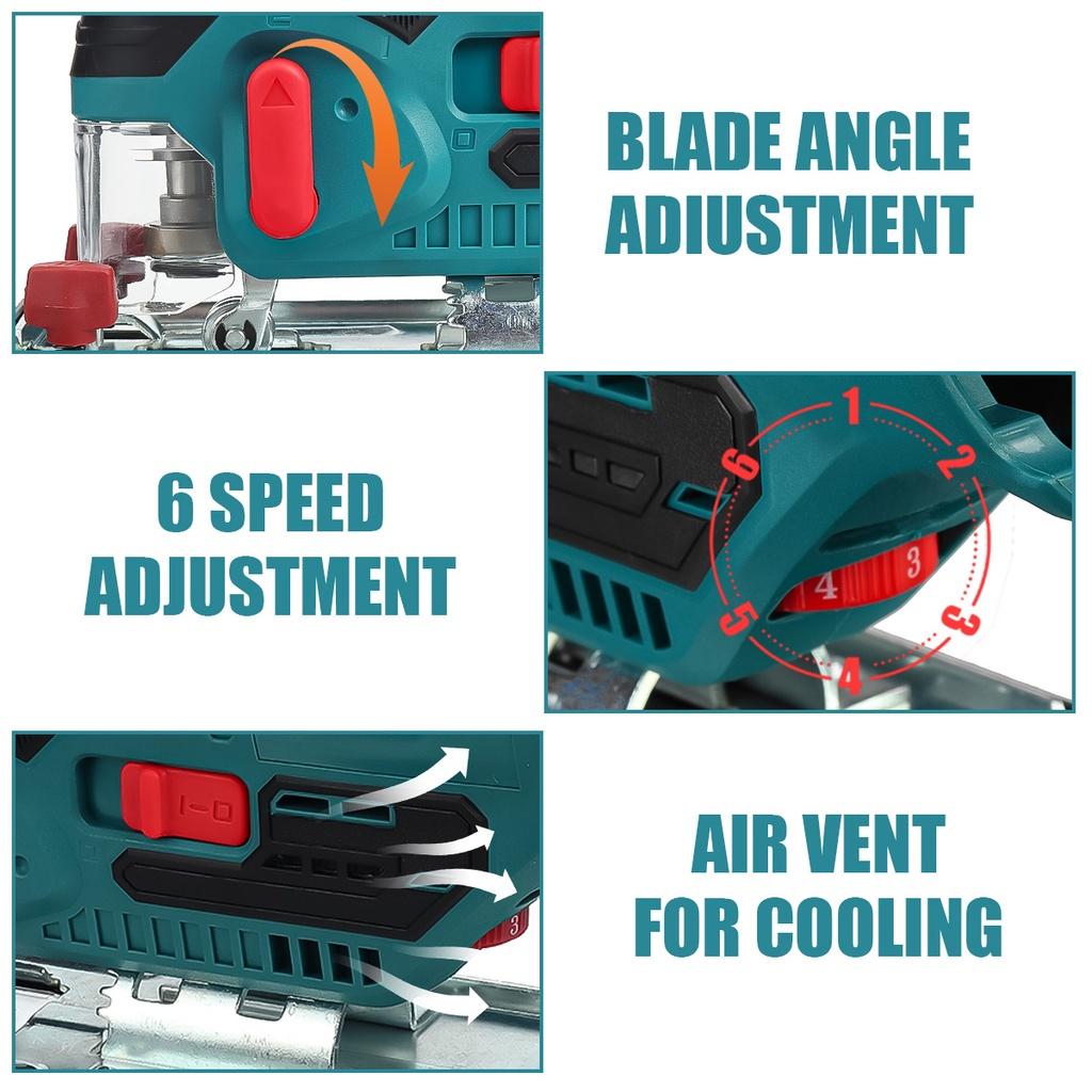 1080W 12V Cordless Jig Saw Electric Jigsaw 70mm 6 Speed Adjustable Portable Woodworking Power Tool 45 Degree Tilt Angle