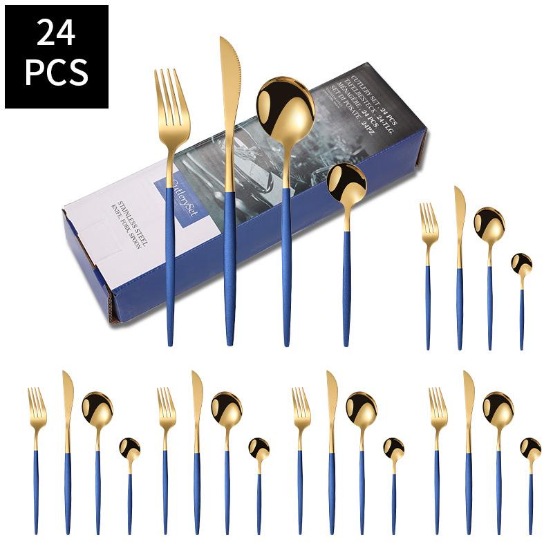 24pcs Gold Dinnerware Set Stainless Steel Steak Knife Fork Coffee Spoon Teaspoon Flatware Dishwasher Safe Kitchen Tablewar