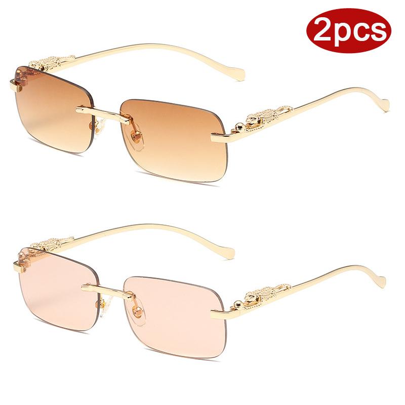 Protective Glasses 2pcs Rimless Leopard Metal Square Sunglasses Women Fashion Colorful Lens Design Sun Glasses Outdoor Shades