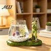 Mini Decorative Fish Tank Frog Fishing Glass Ornament with Resin Lotus Leaf Base, Hydroponic Tabletop Ornamentation Plant Propagation Station for Desk