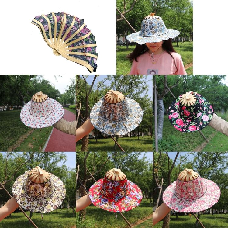 Foldable Hand Fan Sun Hat 2 In 1 Chinese Style Portable Floral Printed Handheld Fan Beach Cap Bamboo Hat