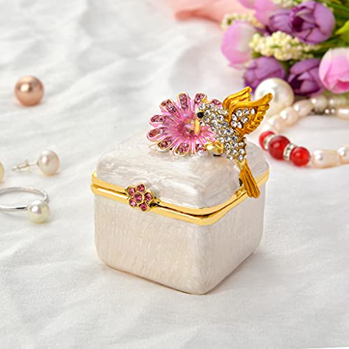 FJ FENGZHIJIE Golden Crystal Enamel Bird & Flower Jewelry Box, Hand-Painted Hinged Trinket Box, Elegant Home Decor & Unique Gift for Women