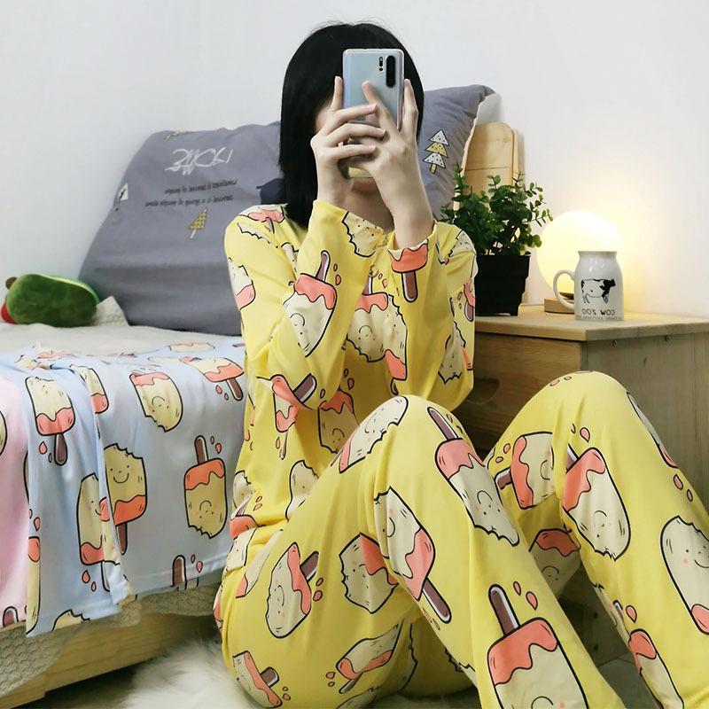 Women's Korean Style Pajama Set: Long Sleeve, Round Neck, Cute Cartoon Print, Comfortable for Spring & Autumn