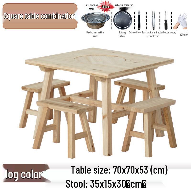 Outdoor Anti-corrosion Fire Pit Tea Table with Solid Wood and BBQ Function, Includes Indoor/Outdoor Chairs for Home Use