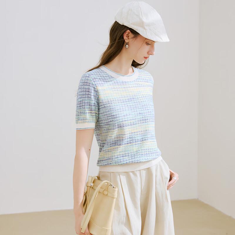 TUHUANG Women's Silk Blend Striped Knit T-Shirt