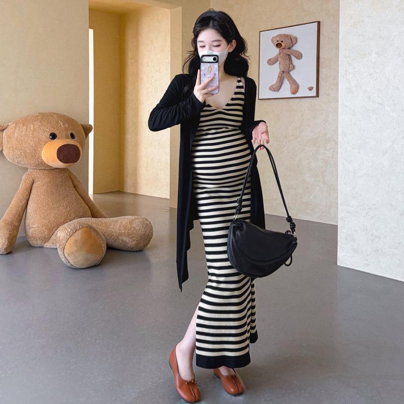 2026 Maternity Summer A-Line Dress: French Striped Spaghetti Strap, Slimming Age-Reducing Style 2XL