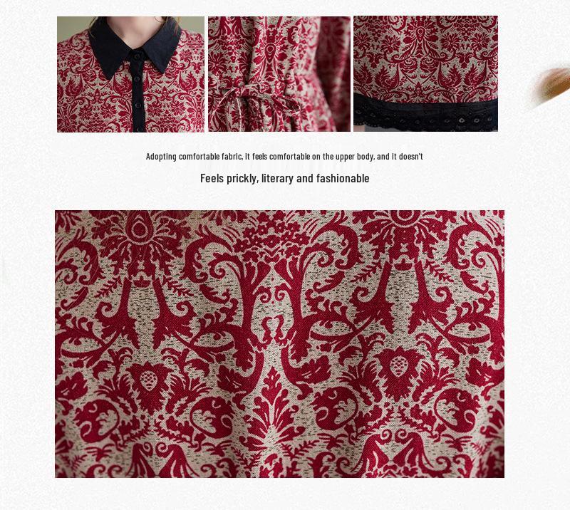 Autumn Literary Print Dress: Long-Sleeved, Cotton-Linen, Loose Fit, Extended Style with Shirt Collar