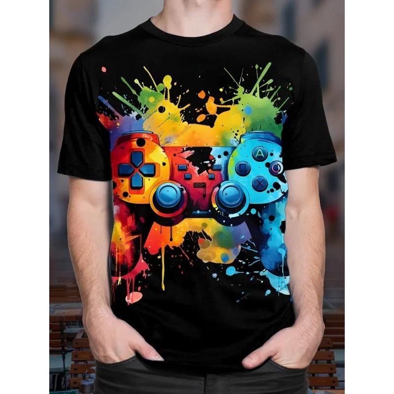 3D Digitaldruck Herren Freizeit Lebendiges Neon Game Controller Design T-Shirt Neu im Rundhals Kurzarm Gamer T-Shirt für Männer
