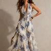 Damen Neckholder Maxikleid mit Blumendruck, Stufen-Rüschen, Strandurlaubs-Kleid