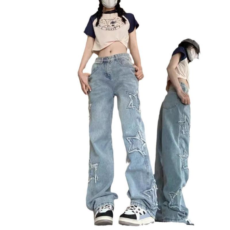 Spring and Summer New Retro Star Embroidered Jeans Women's High Waist Loose Fashion Thin Drape Straight Wide Leg Pants Tide
