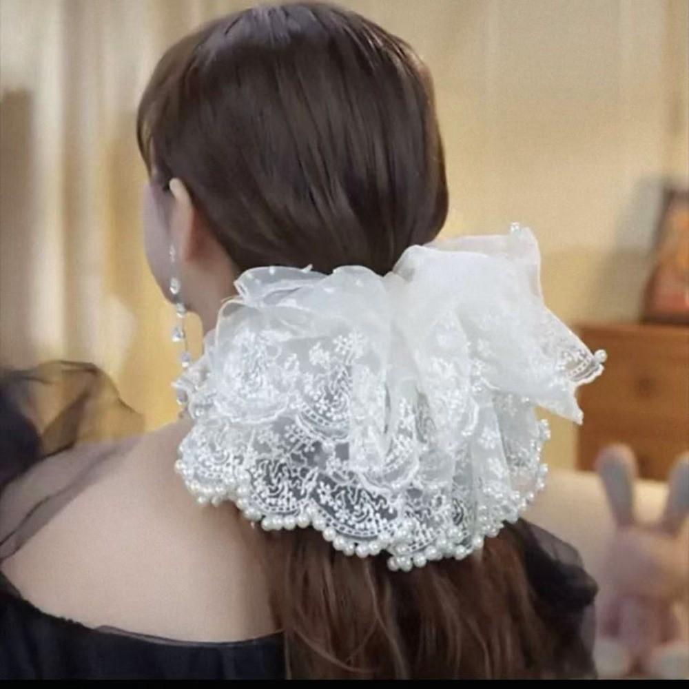 Elastic Pearl Lace Scrunchies Hair Bands Ponytail Holder Oversize Lace Hair Ties for Meatball Head