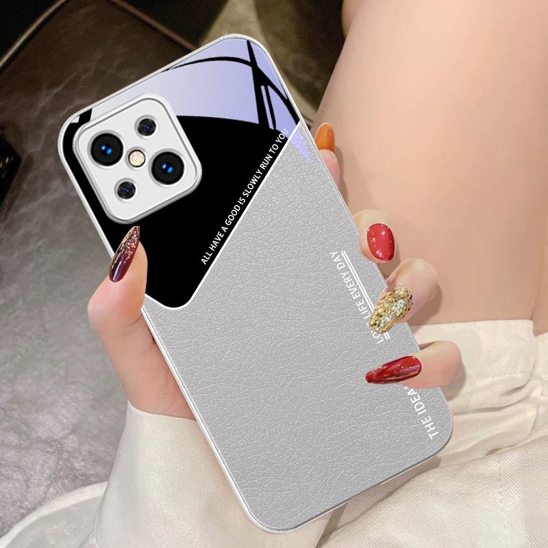 Leather Grid Element For Oppo Find X5 X8 Pro X3 Lite A72 58 73 54S F11 79 Reno 6 4Z 5G Nord N200 Tempered Glass Phone Case