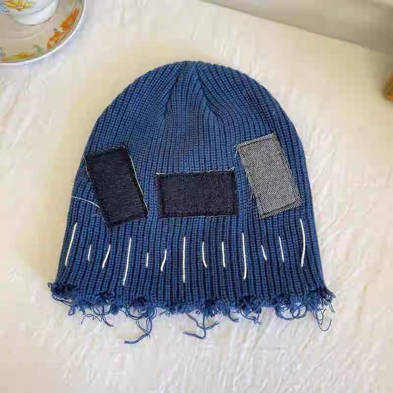 

Winter Ripped Hole Patches Vintage Knitted Hat Man Woman Rough Selvedge Design Punk Beanie Skullcaps One Size синій