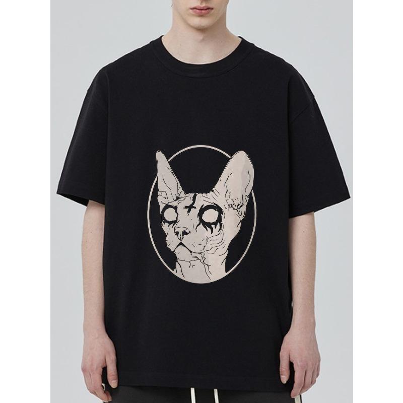 Black T Shirt with Sphynx Cat Skull Print for Casual Wear