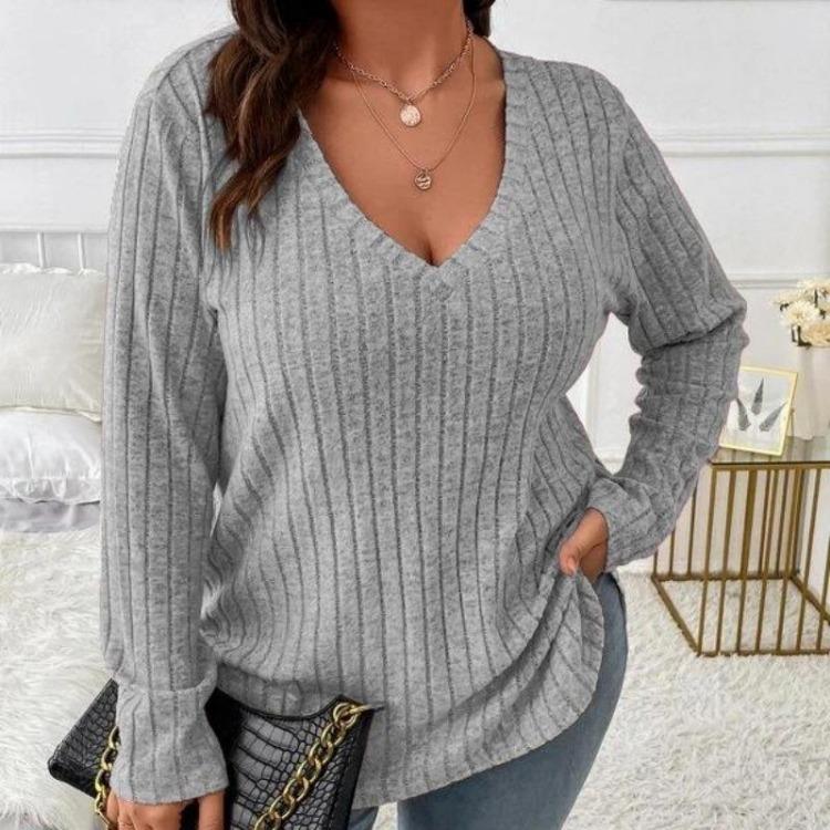 Women Plus Size Long Sleeve T-Shirt V Neck Striped Knitted Top Casual Loose Blouse Spring Solid Color Tops 5XL