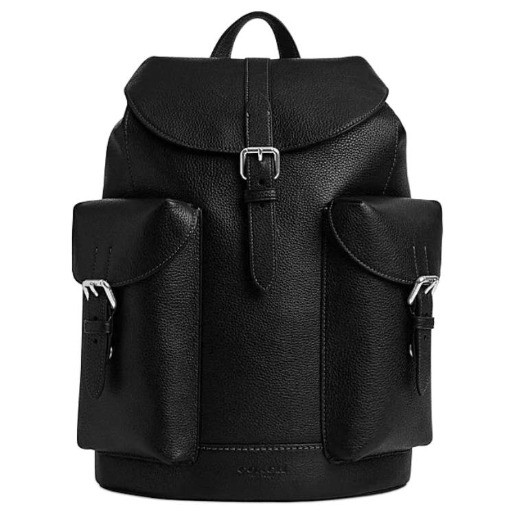 Coach Men's Black Warner 32 Drawstring Pin Buckle Adjustable Shoulder Strap Leather Backpack Large Backpack Cw210-Svbk