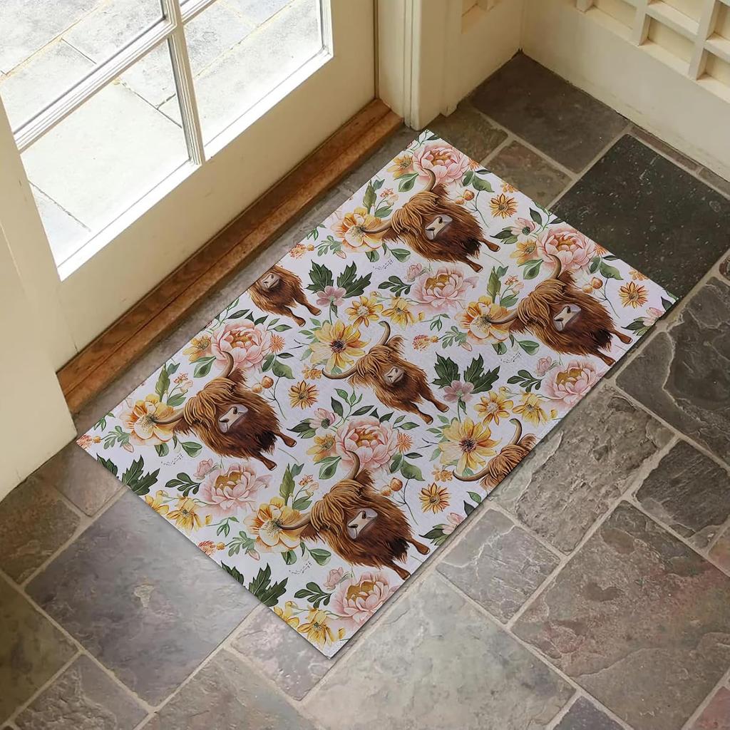 Highland Cow Floral Door Mat Non Slip Entryway Rug Country Farmhouse Floor Mat for Home Decor 17x29.5 Inch
